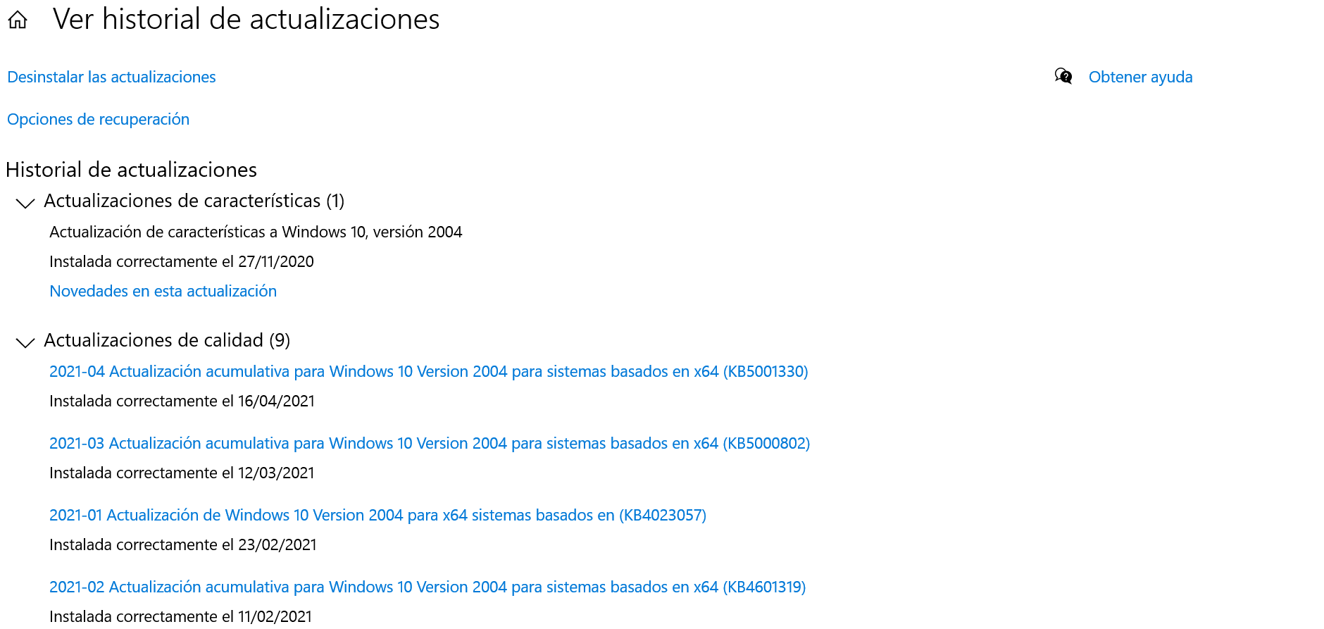 Historial de actualizaciones Windows 10