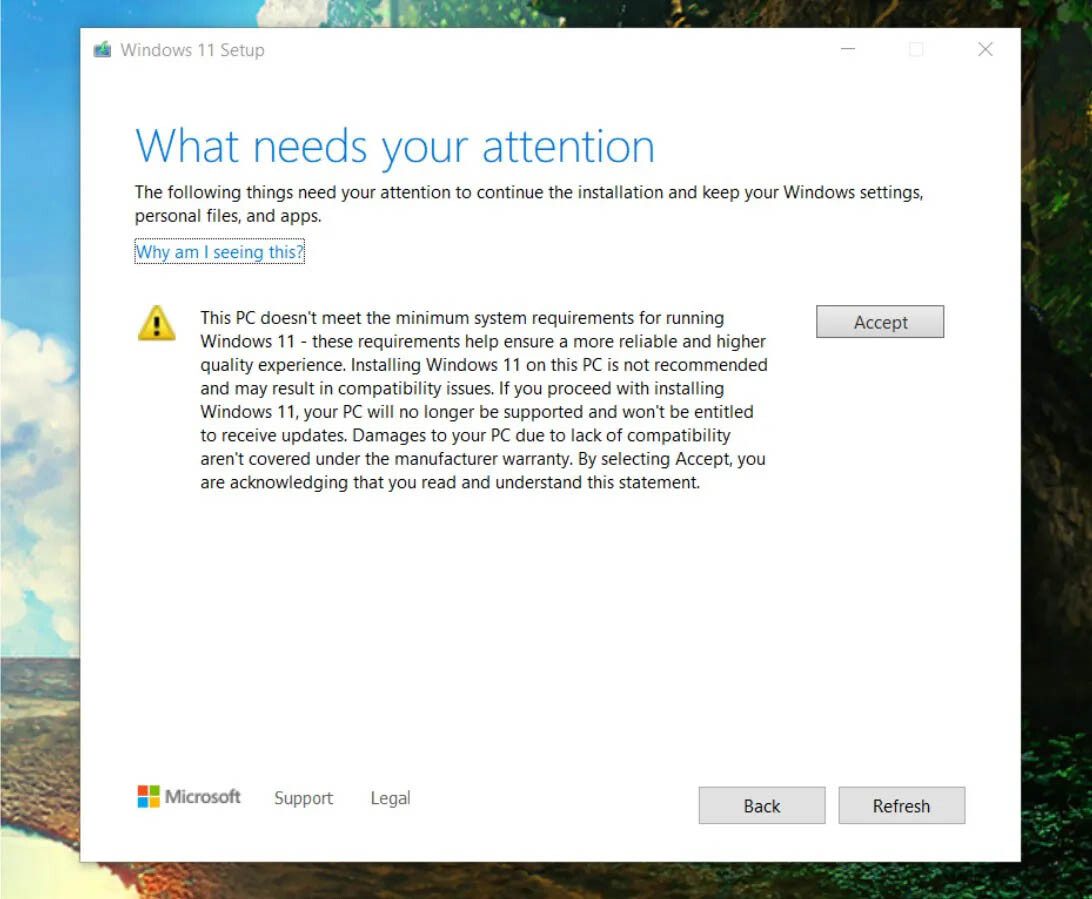 Aviso al instalar Windows 11 en PC no compatibles