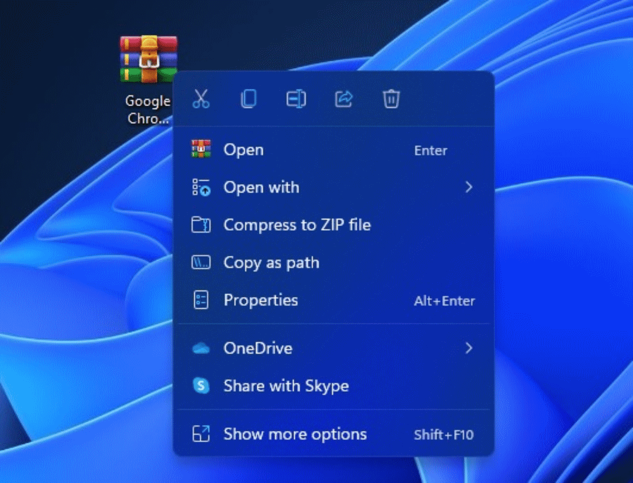 Opción de WinRAR en el Menú contextual de Windows 11
