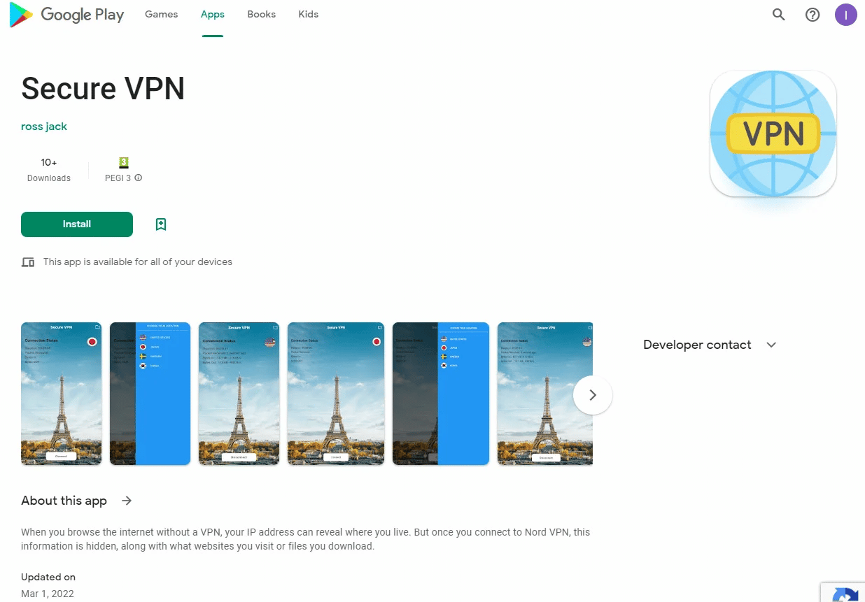 Falsa aplicación de VPN en Google Play