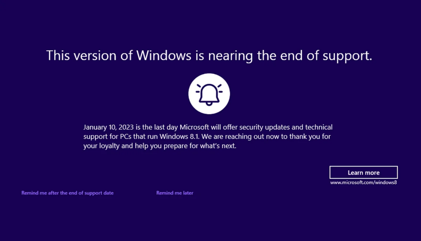Aviso de fin de soporte de Windows 8.1