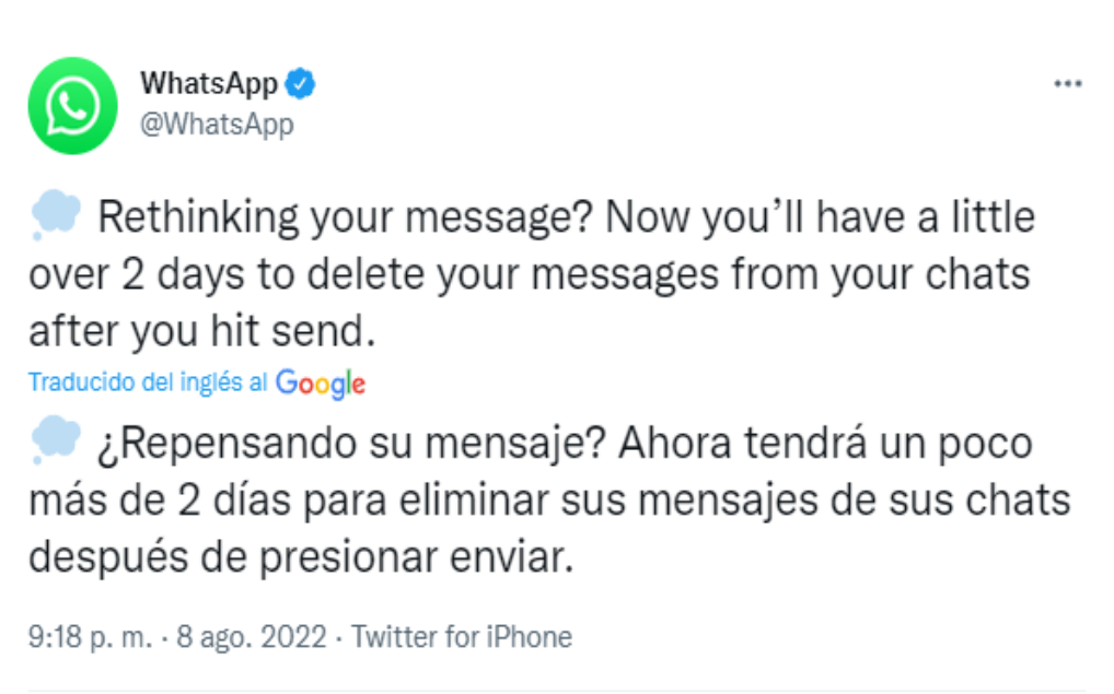 WhatsApp dará hasta 48 horas para eliminar un mensaje