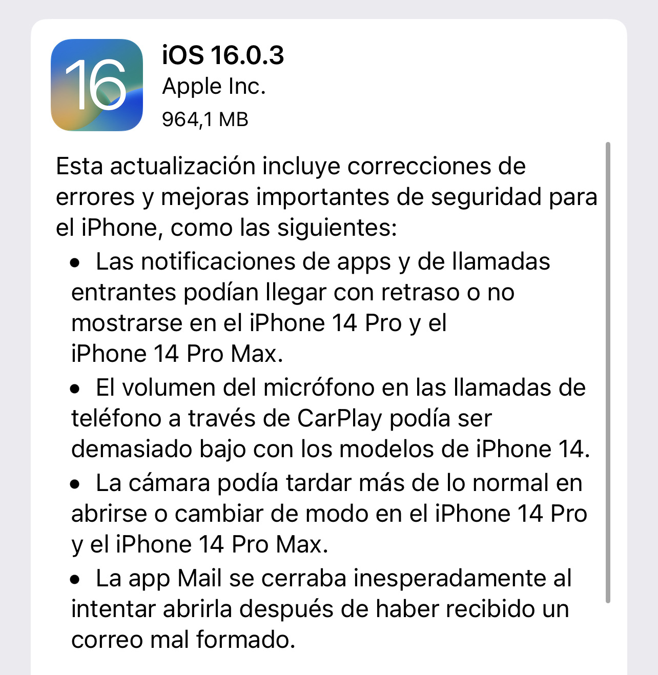 Novedades de iOS 16.0.3