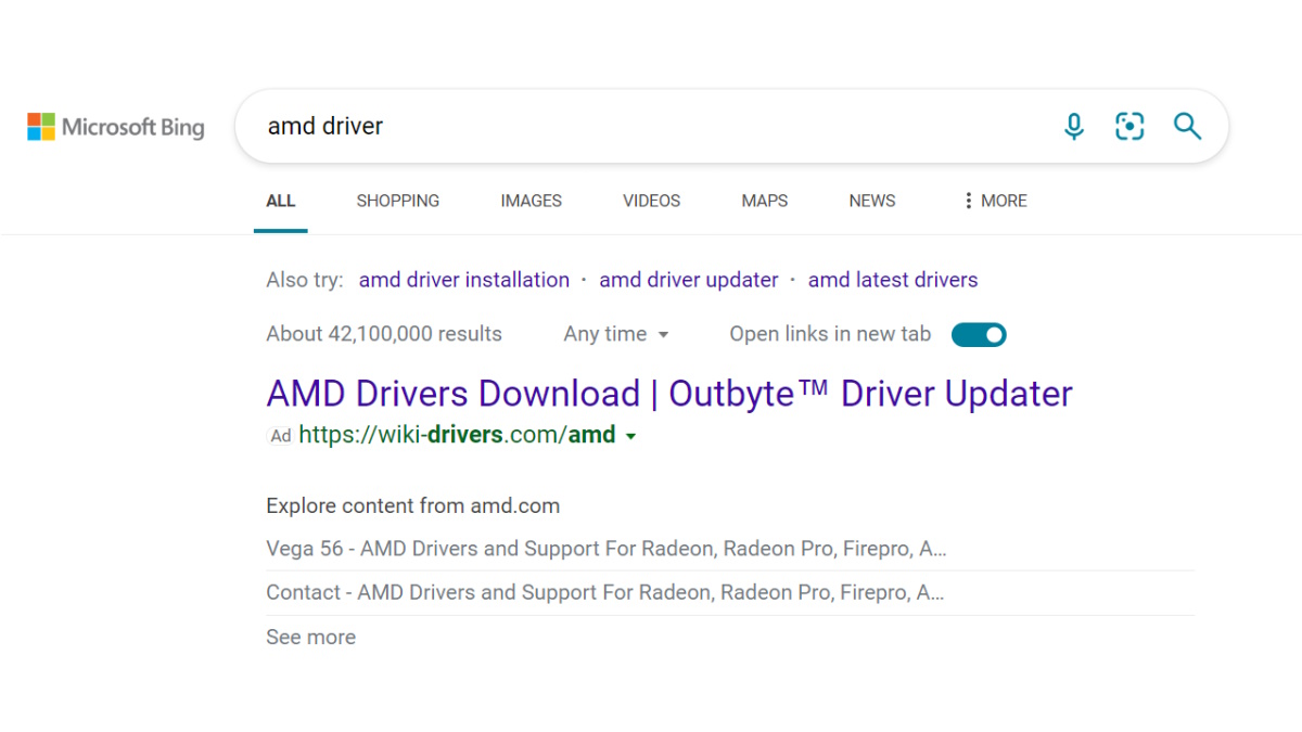 Falsos controladores AMD Radeon en Bing