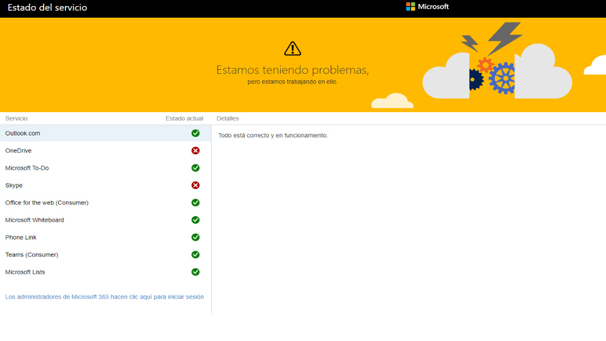 ¡Servicios de Microsoft Skype y OneDrive no disponibles! 