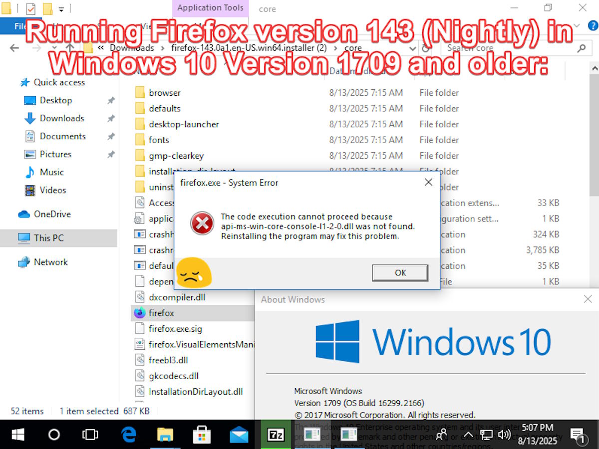 Firefox 143 no funciona en versiones antiguas de Windows 10