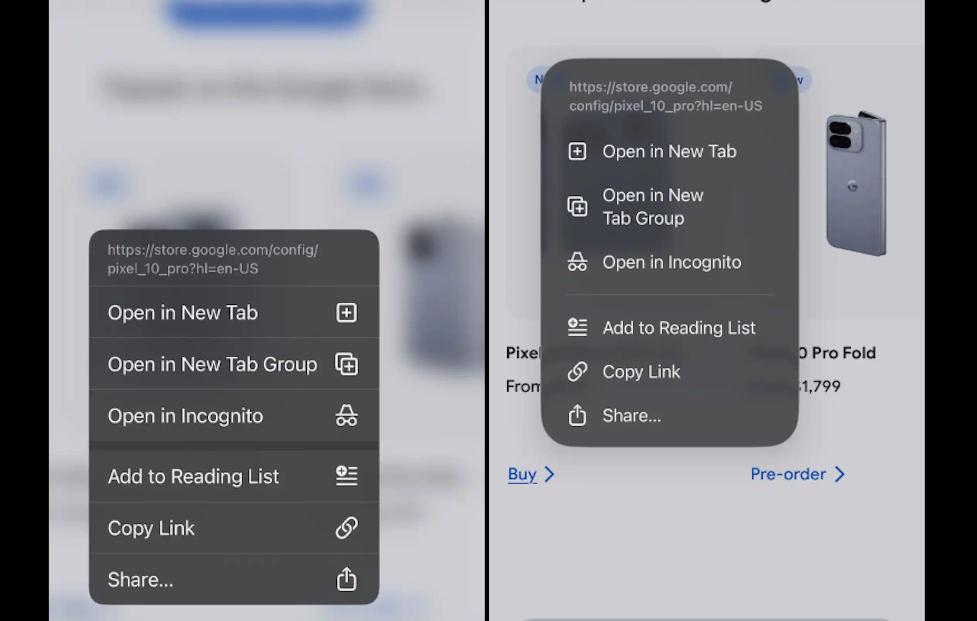 Menús contextuales en Google Chrome estilo Liquid Glass