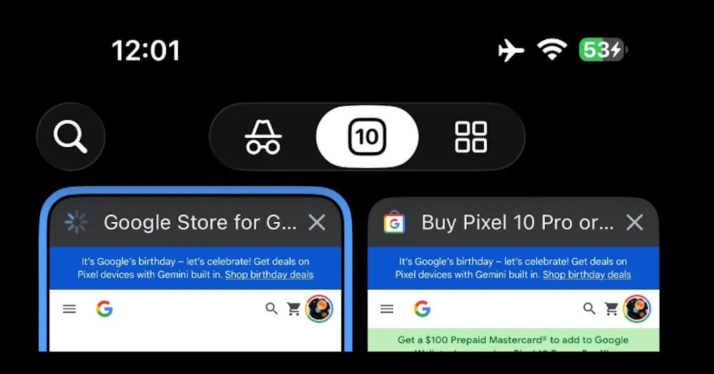 Selector de incognito estilo Liquid Glass
