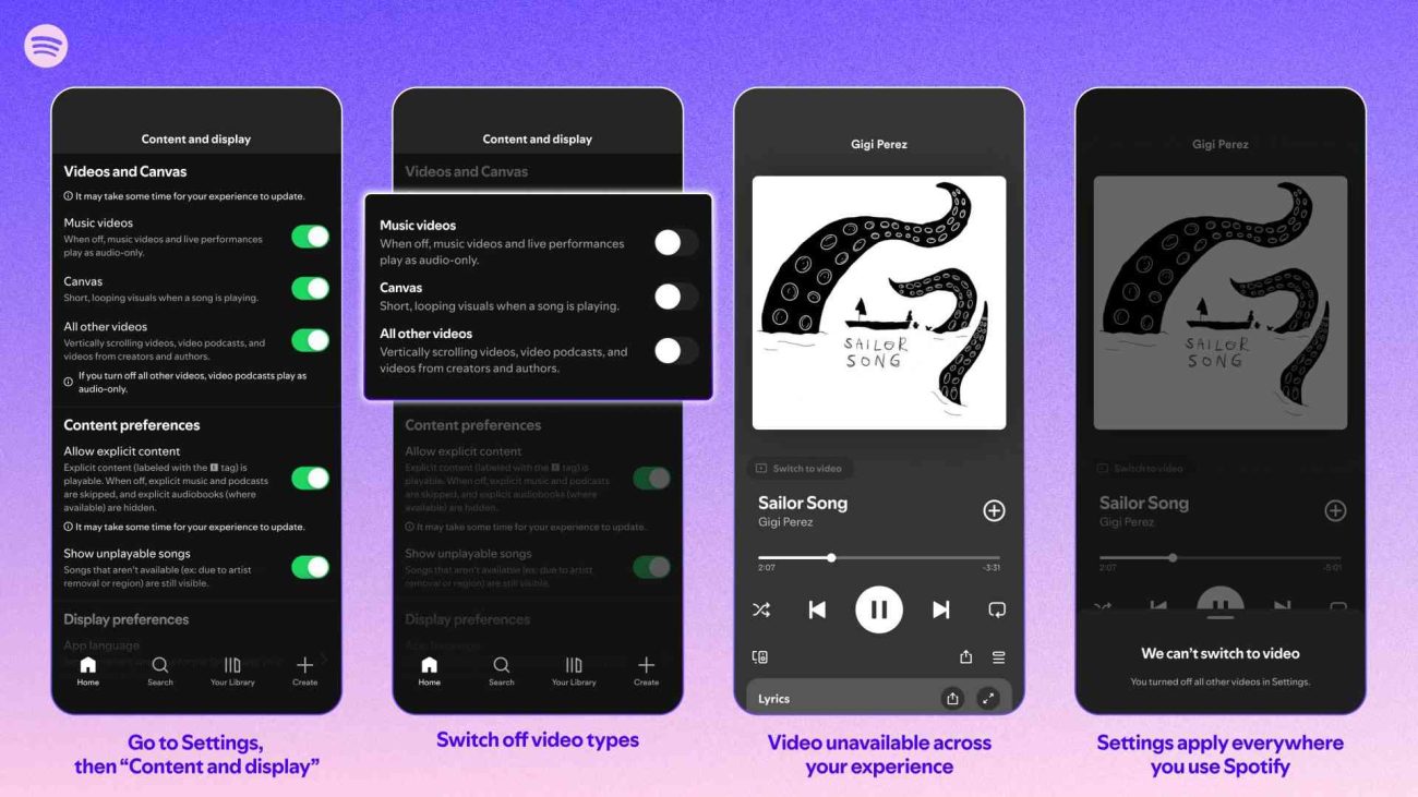 Controles para desactivar video en Spotify